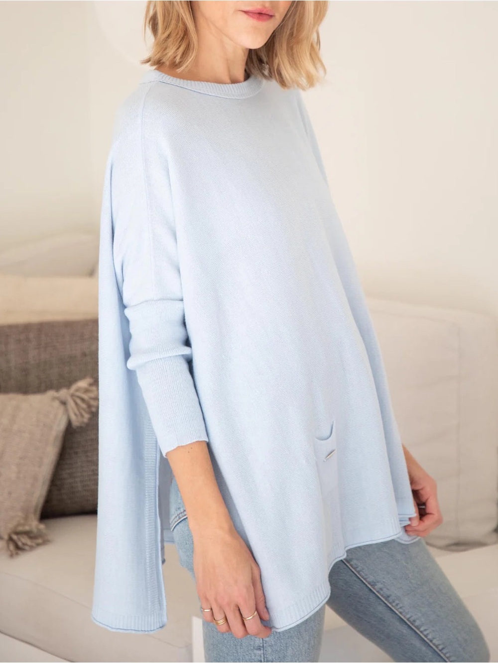 Mersea Catalina Crewneck Sweater Sky Blue Oversized OS Side Slits Pockets